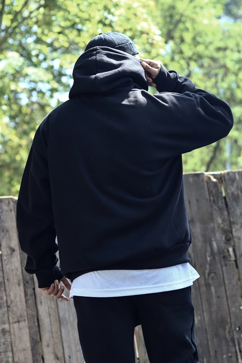 Siyah oversize 3 iplik hoodie