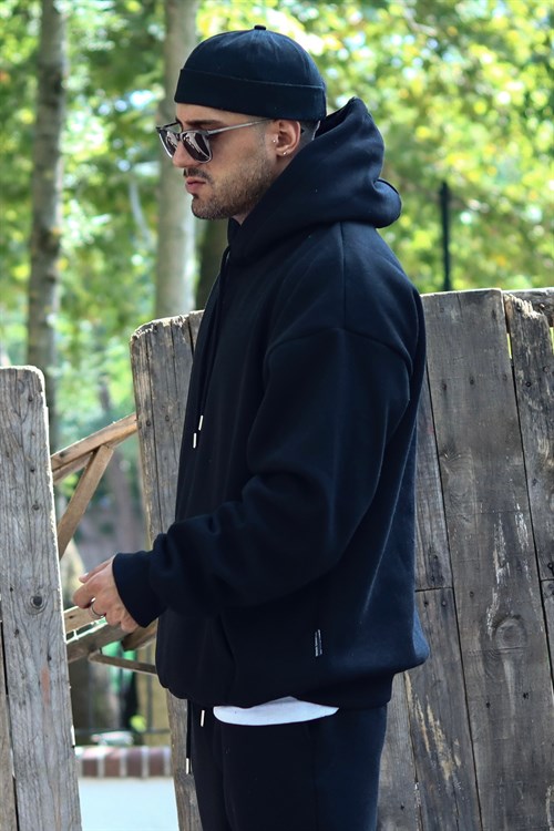 Siyah oversize 3 iplik hoodie