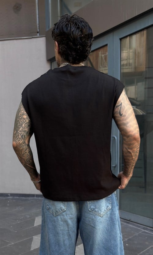 Siyah Oversize Kesik Kol Atlet