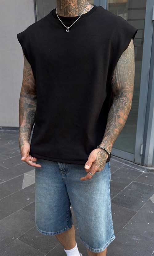 Siyah Oversize Kesik Kol Atlet