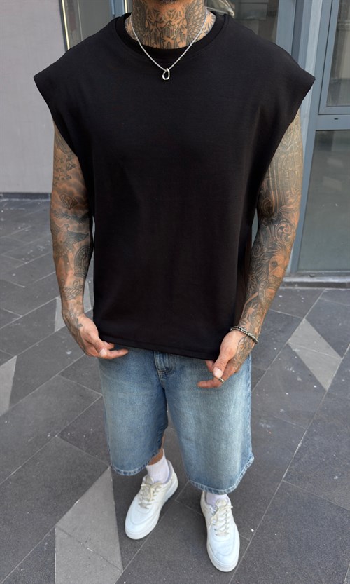 Siyah Oversize Kesik Kol Atlet