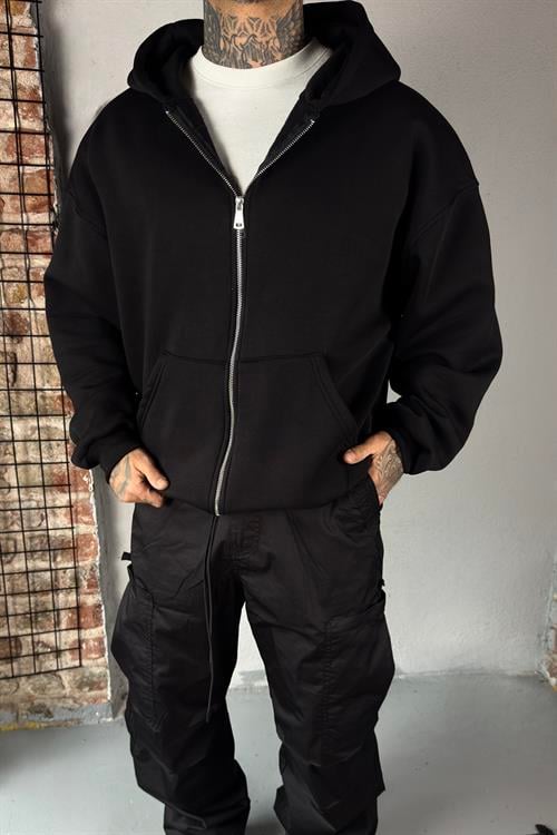 Siyah Oversize Zip Hoodie