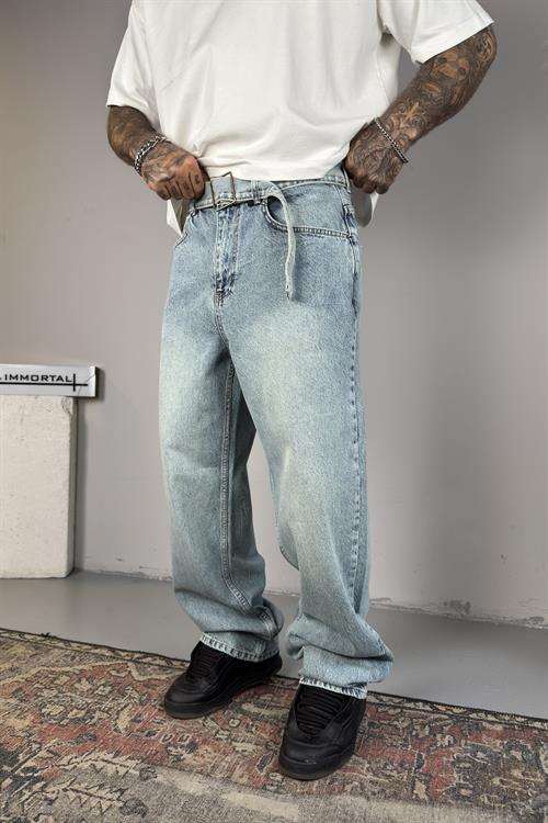 Washed Ice Blue Baggy Pantolon