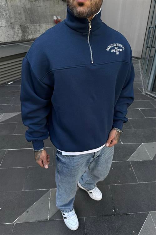 Yarım fermuar turkuaz mavi oversize sweatshirt