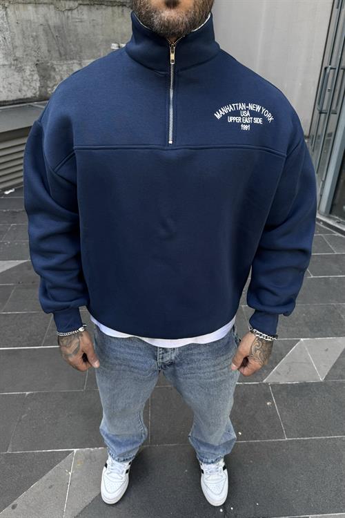 Yarım fermuar turkuaz mavi oversize sweatshirt