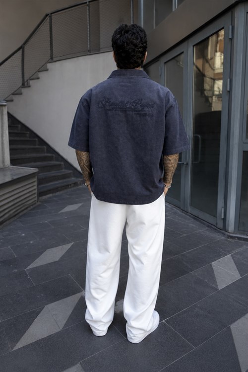 Yıkamalı Lacivert Oversize Gömlek