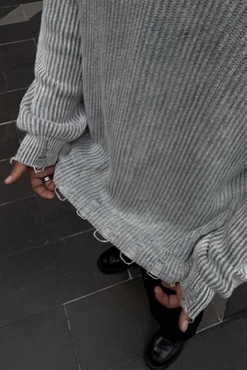 Yıkmalı gri oversize kazak