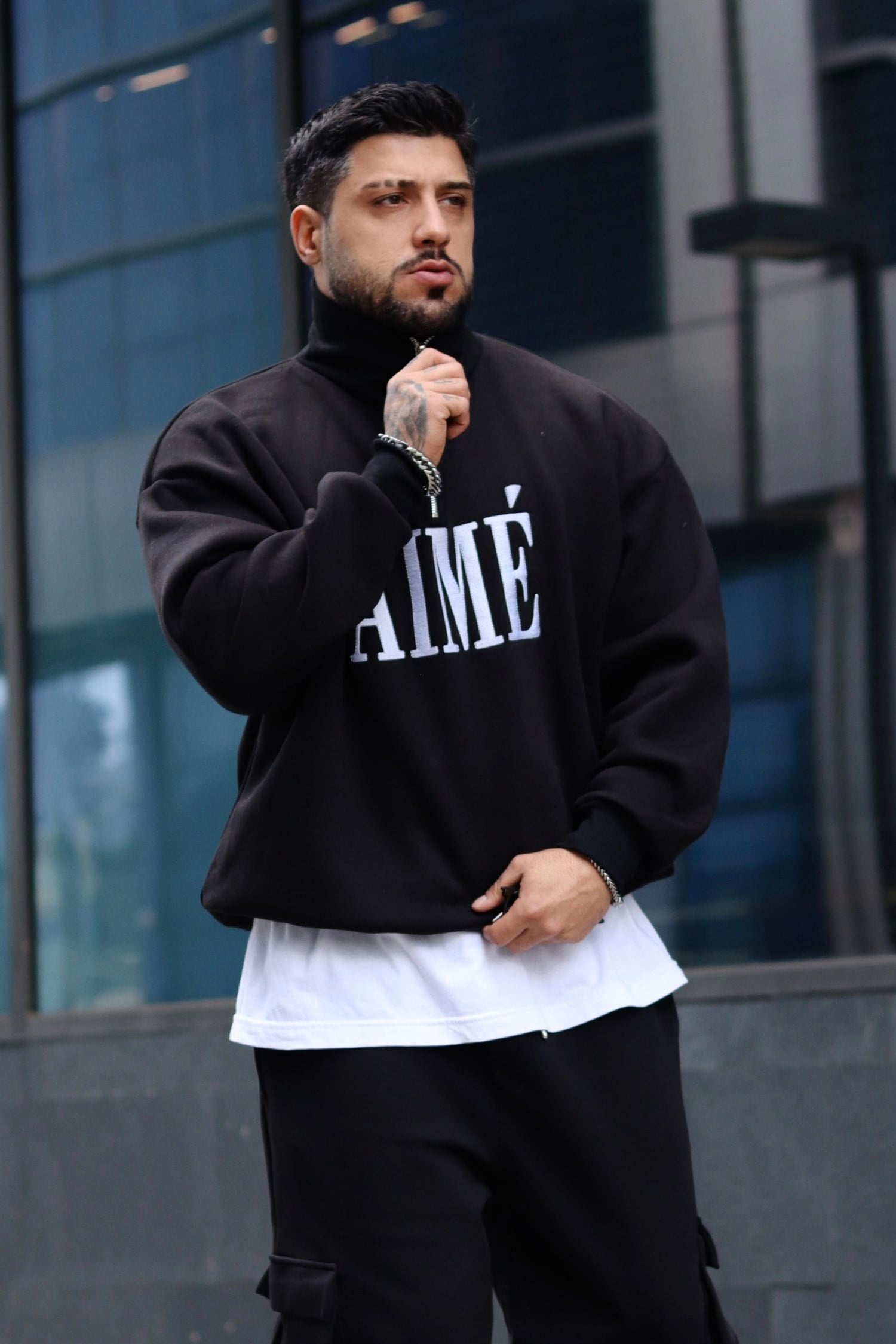 Aime oversize siyah zip sweatshirt