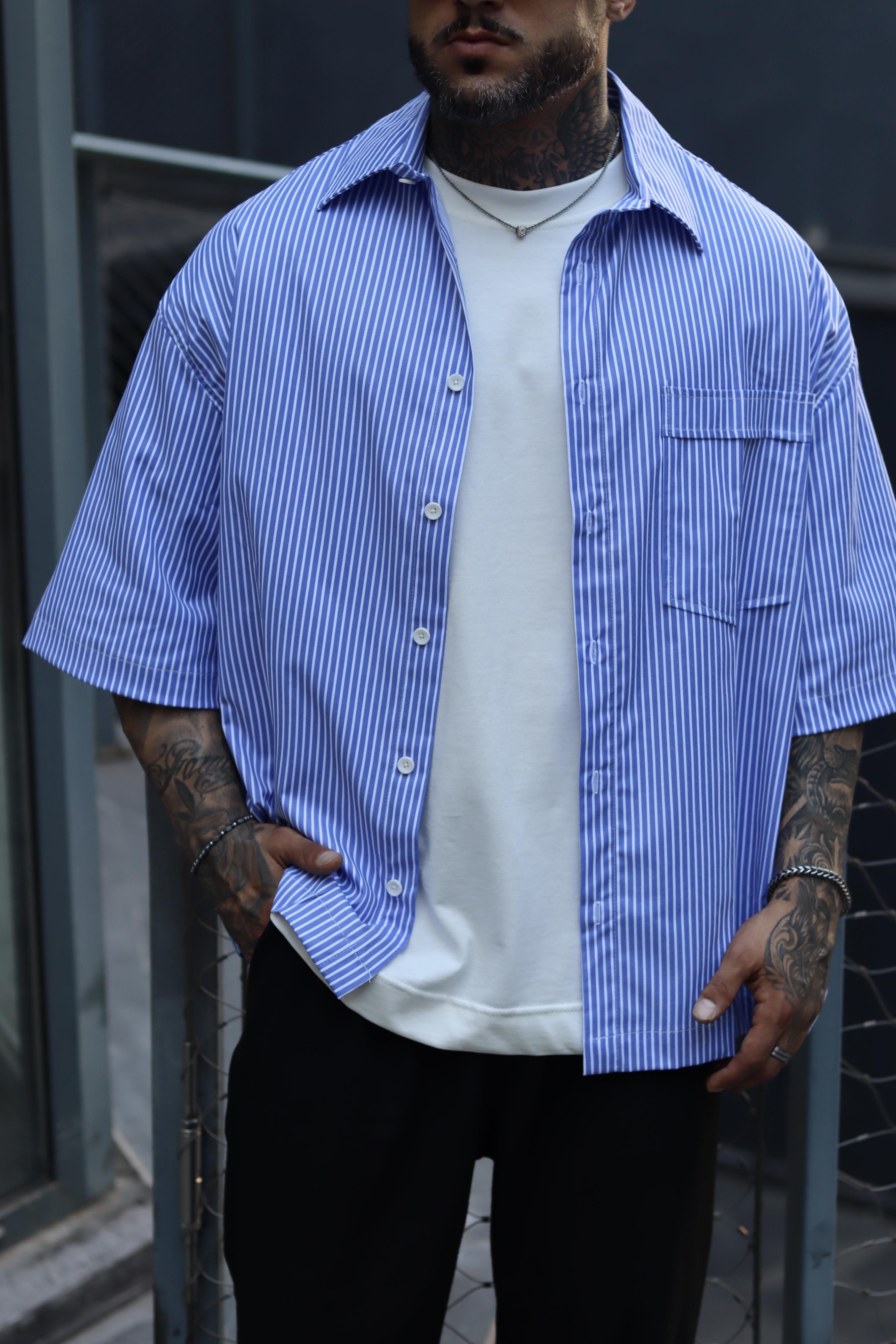Basic mavi çizgili oversize gömlek