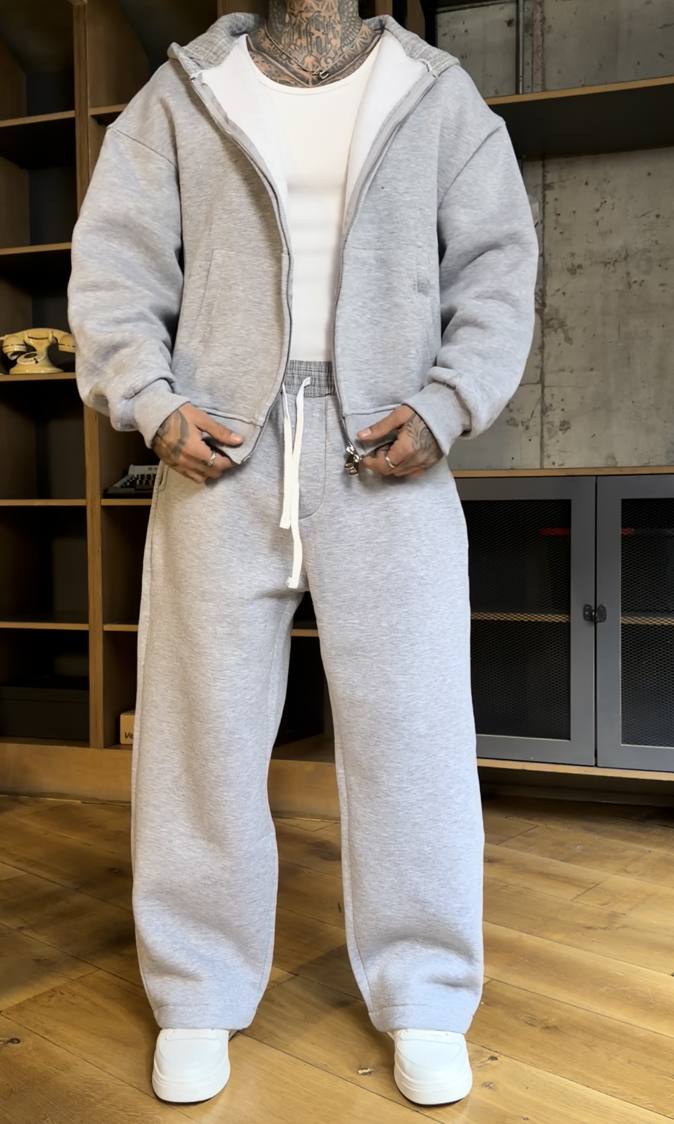 Gri Melanj Ekose Oversize Takım