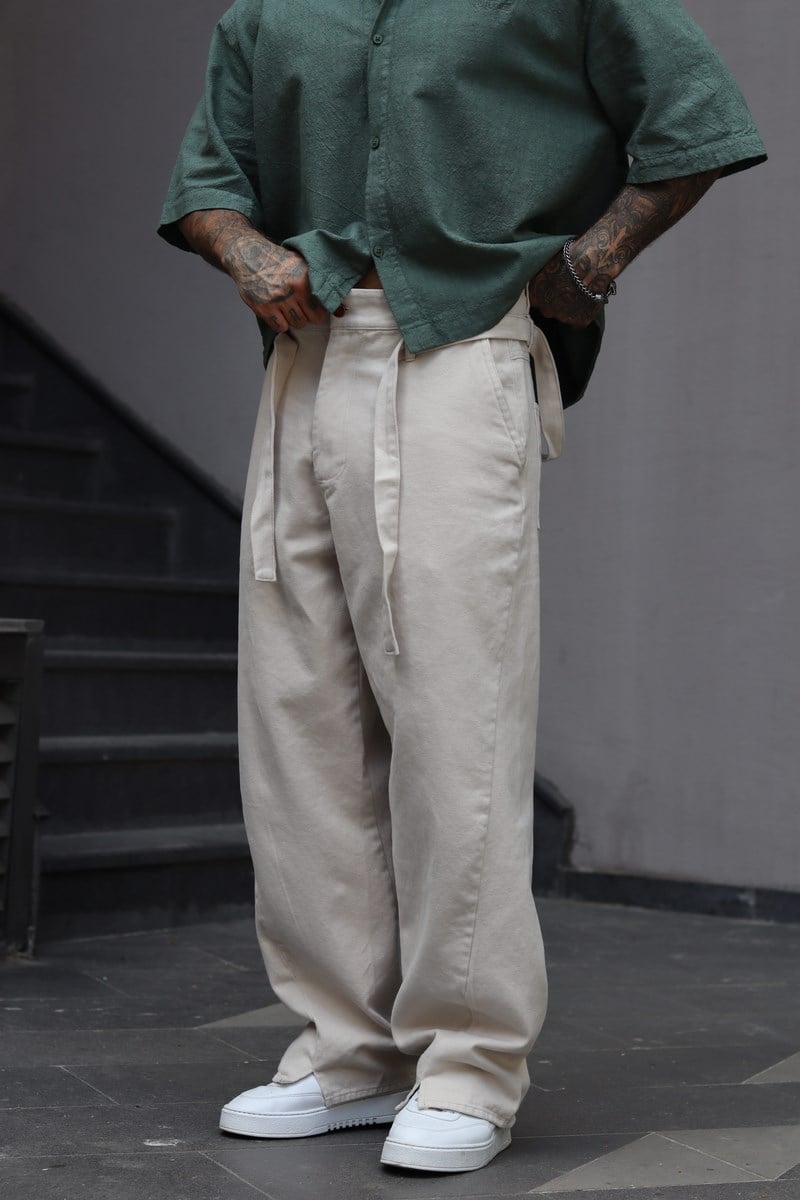 Kemerli Ekru Baggy Pantolon