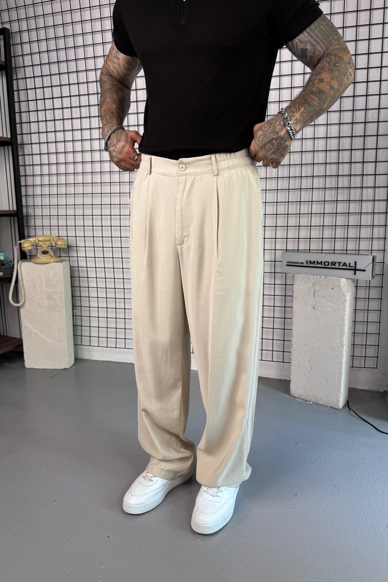 Krem Viskon Kumaş Baggy Pantolon
