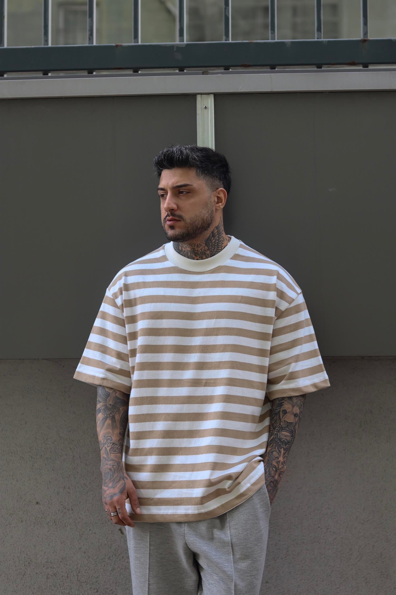 Oversize beige şerit tshirt