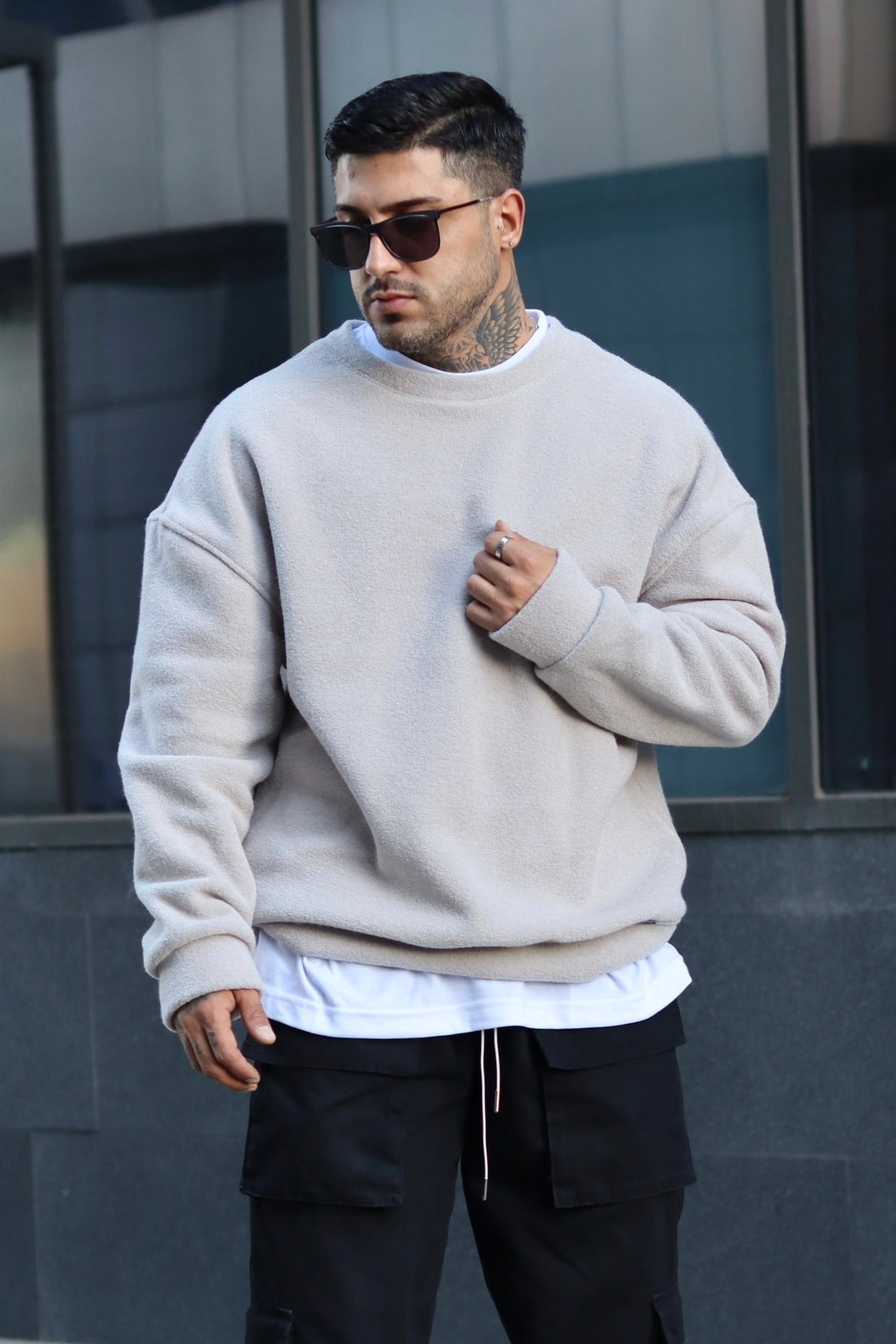 Oversize buz gri havlu polar sweatshirt