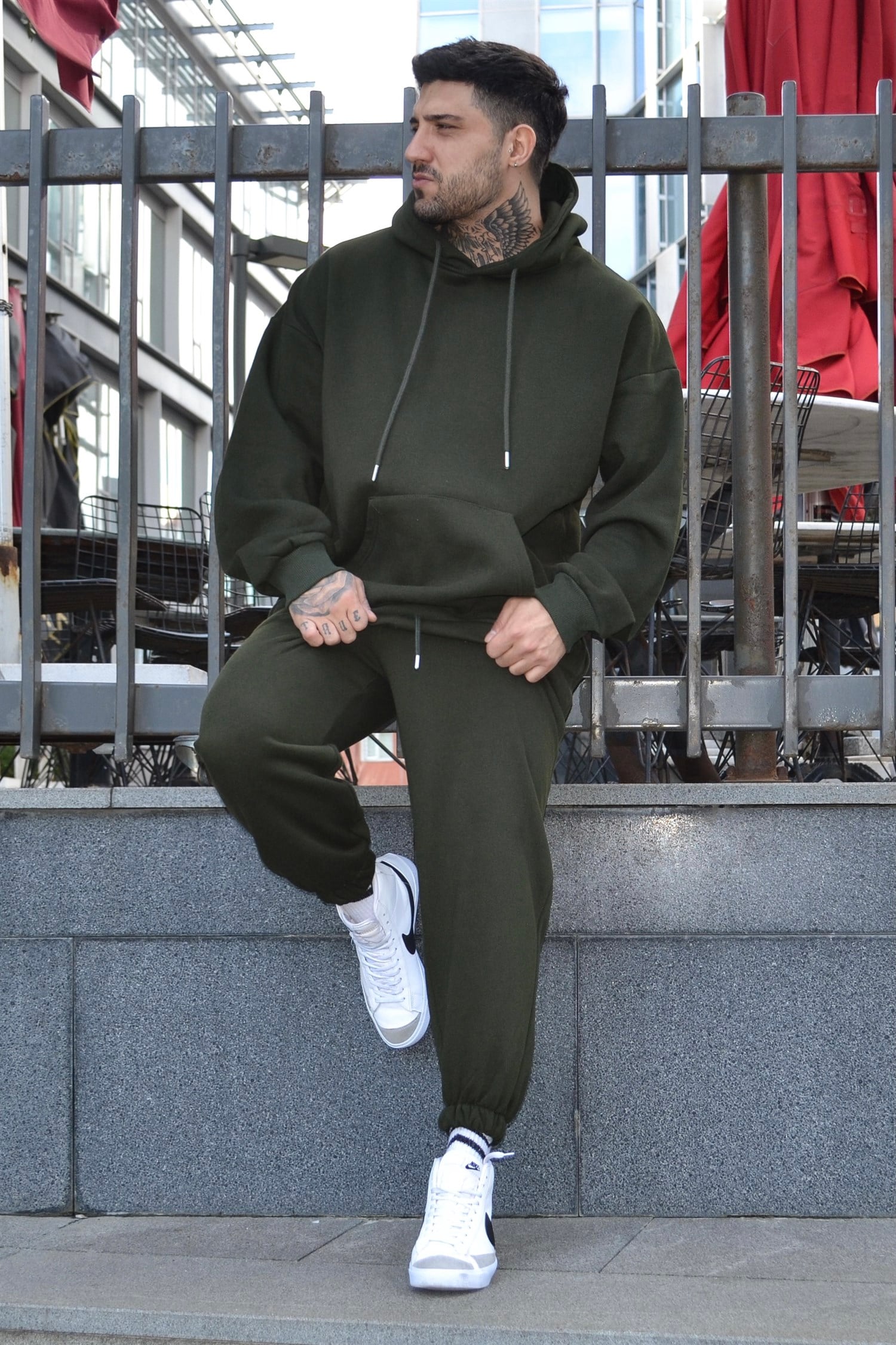 Oversize khaki track suit kapşonlu