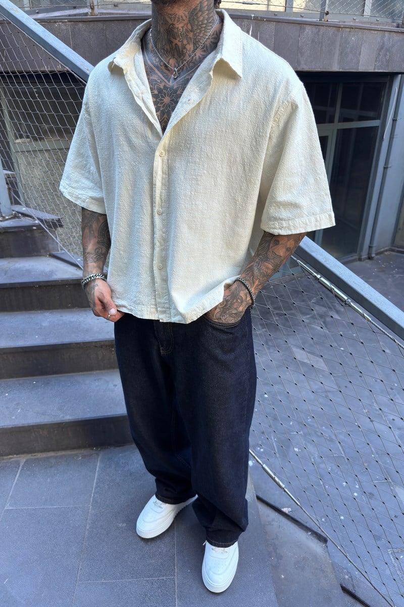 Oversize Minimal Baskı Keten Gömlek