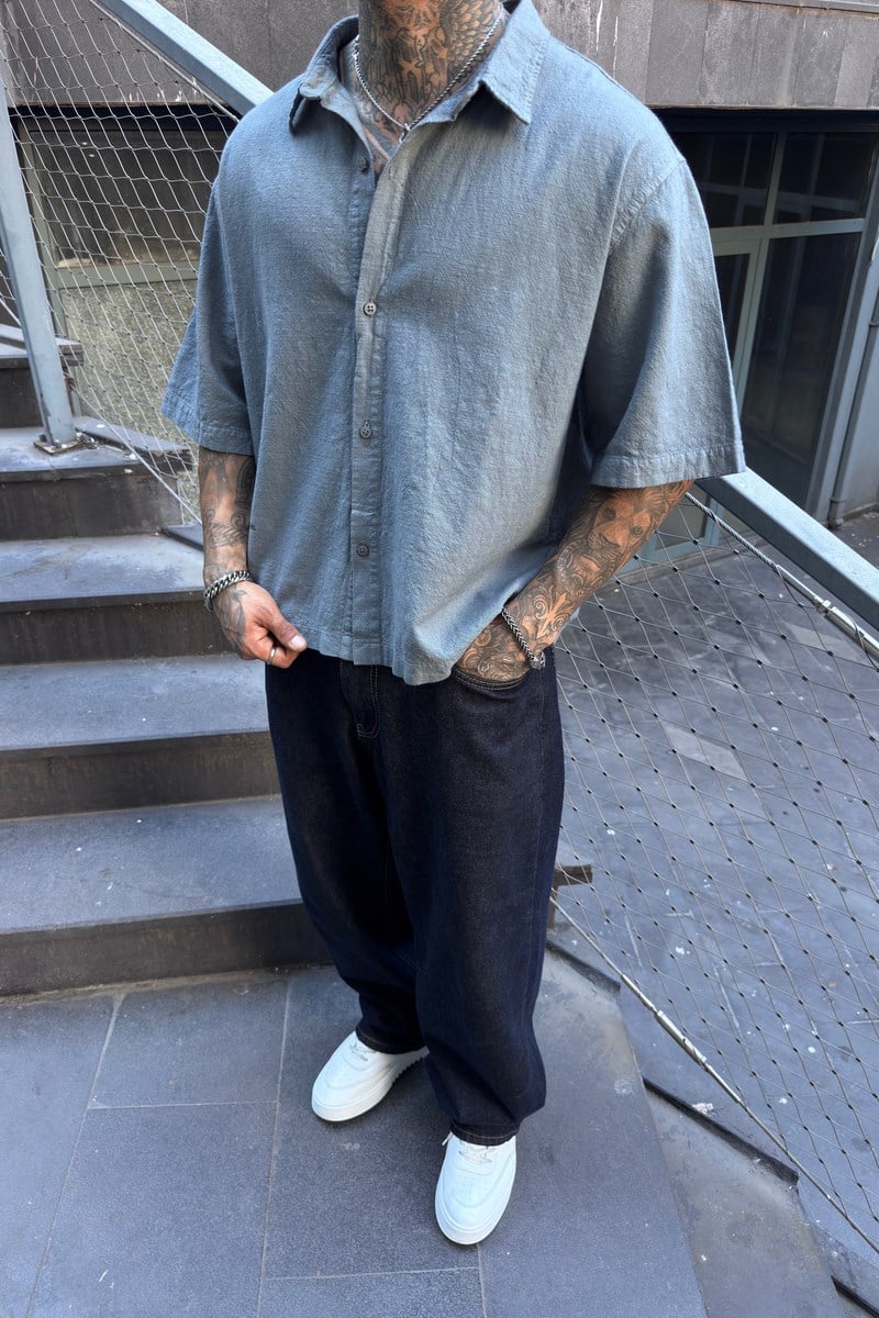 Oversize Minimal Baskı Keten Gömlek