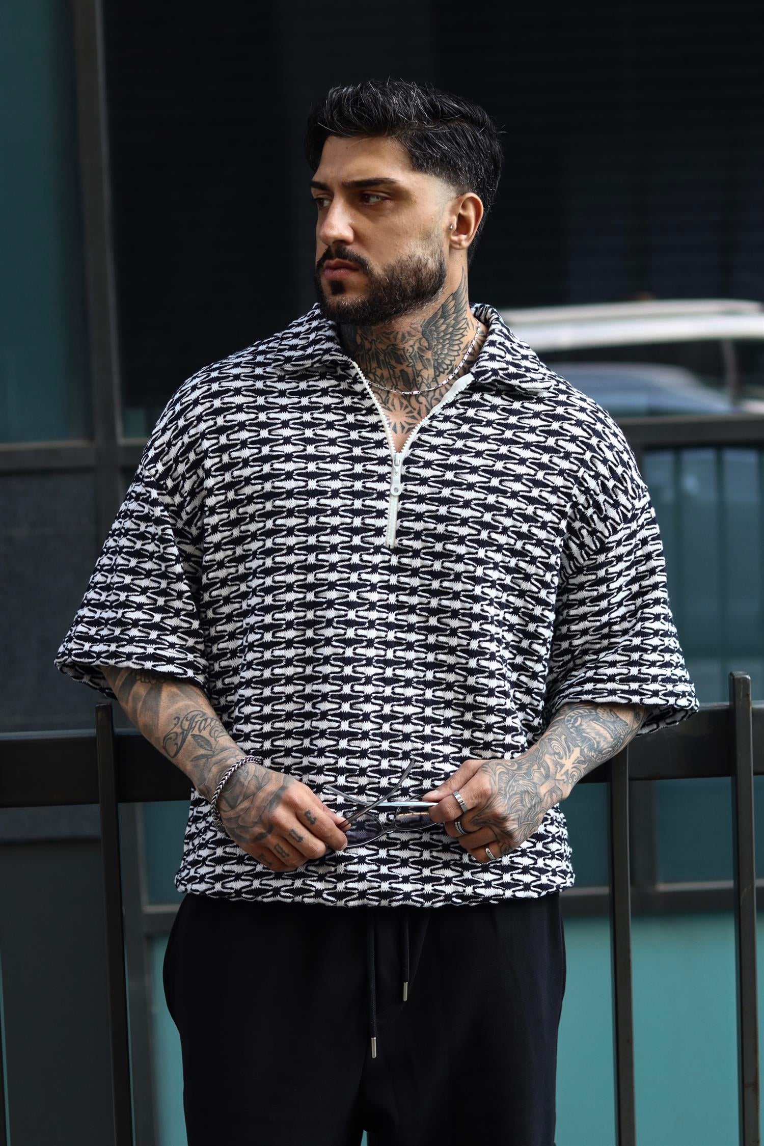 Oversize örme siyah zip tshirt