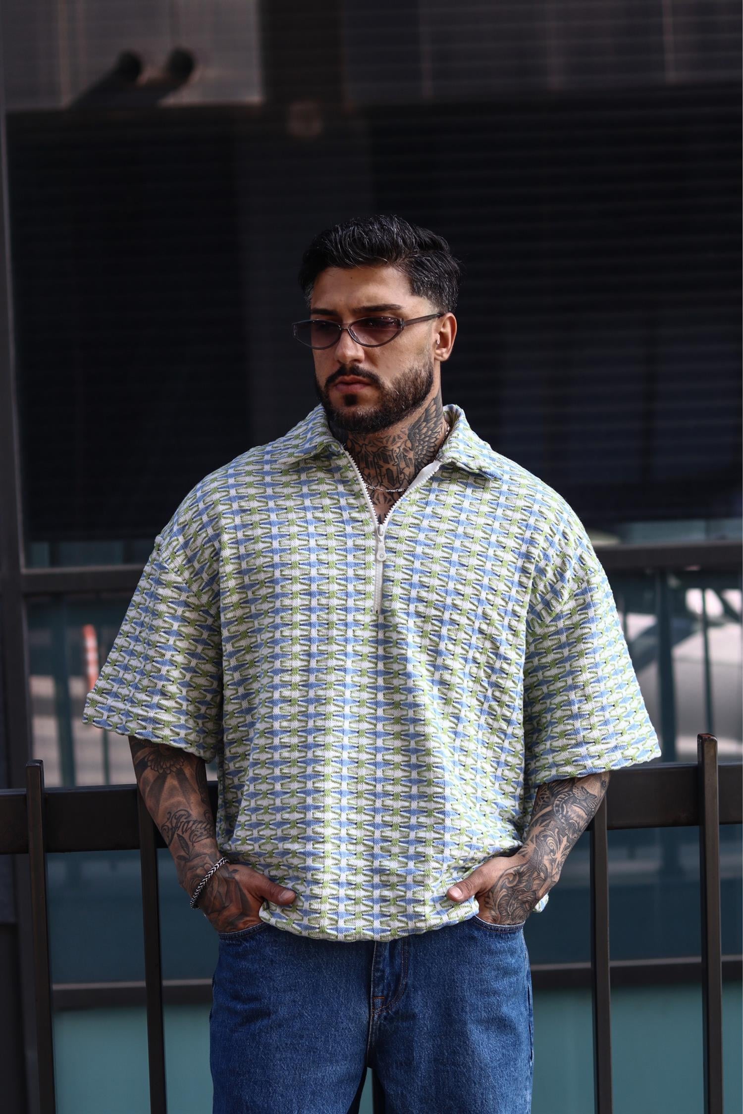 Oversize örme yeşil zip tshirt