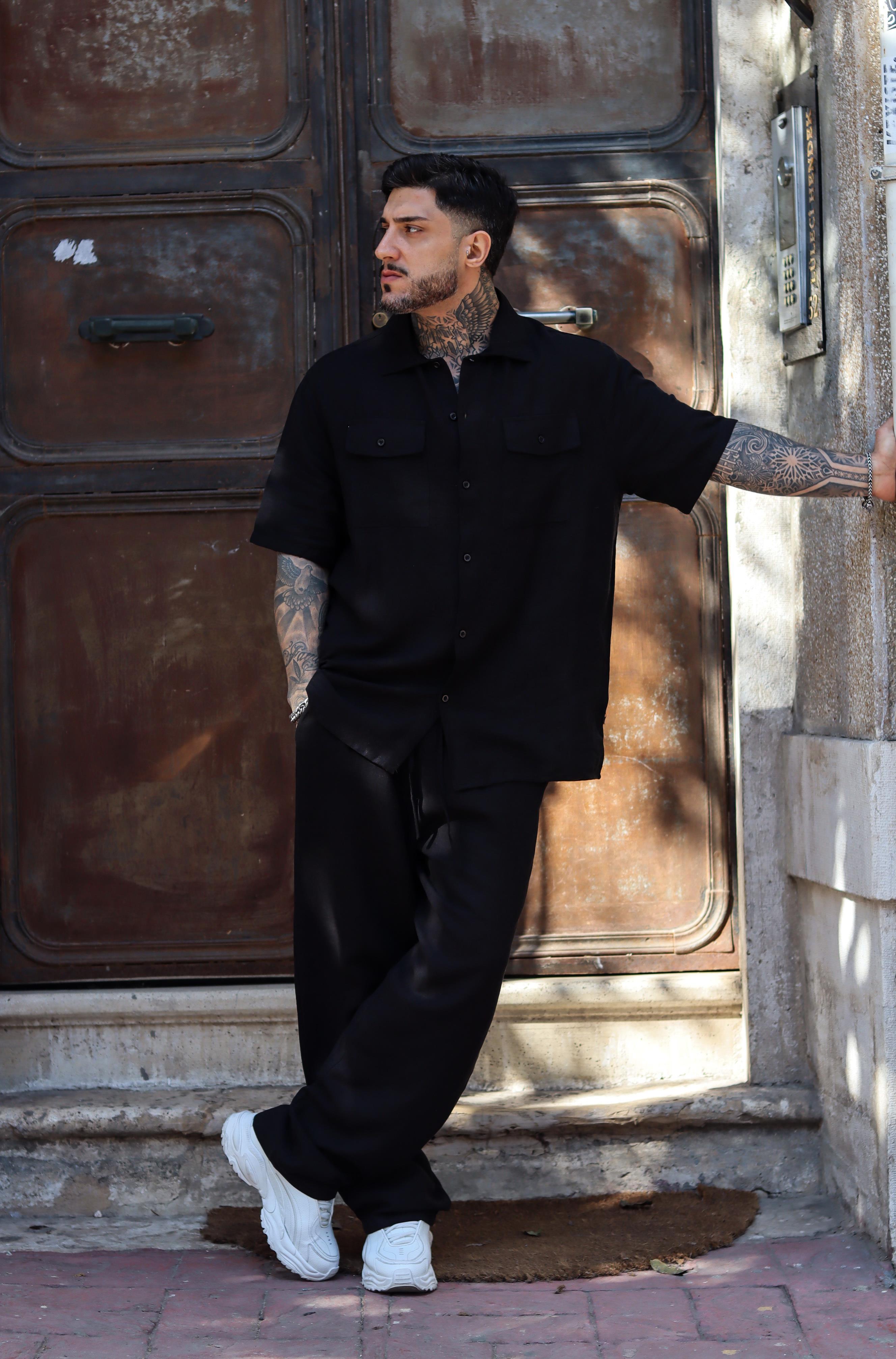 Siyah keten oversize takım