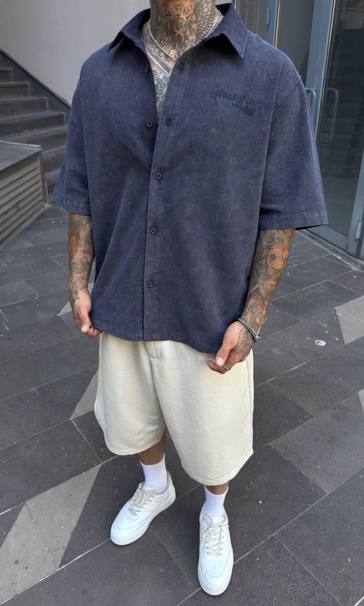 Yıkamalı Lacivert Oversize Gömlek