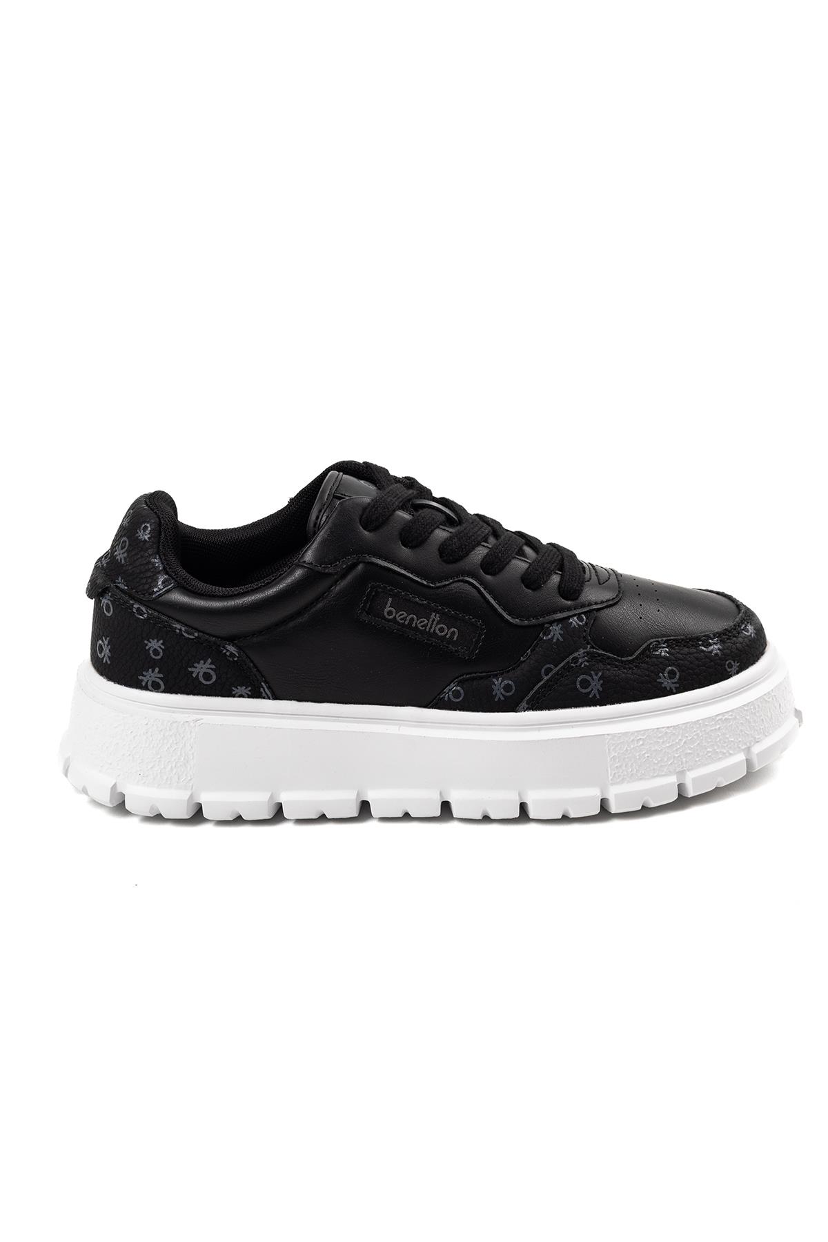 Benetton Logolu Platform Siyah Yüksek Tırtıklı Taban Sneaker  