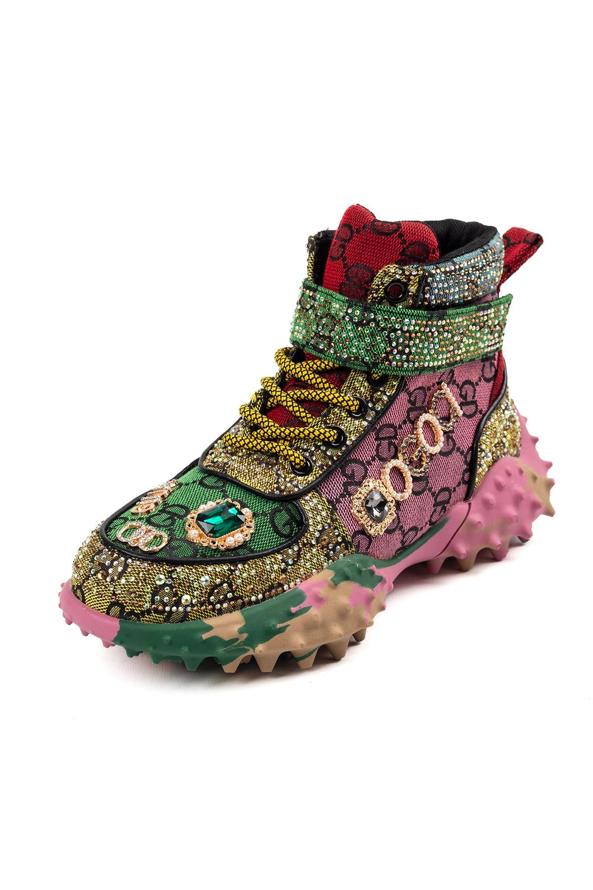 Taş Detaylı Kadın Renkli Bağcıklı Bilek Spor Ayakkabı