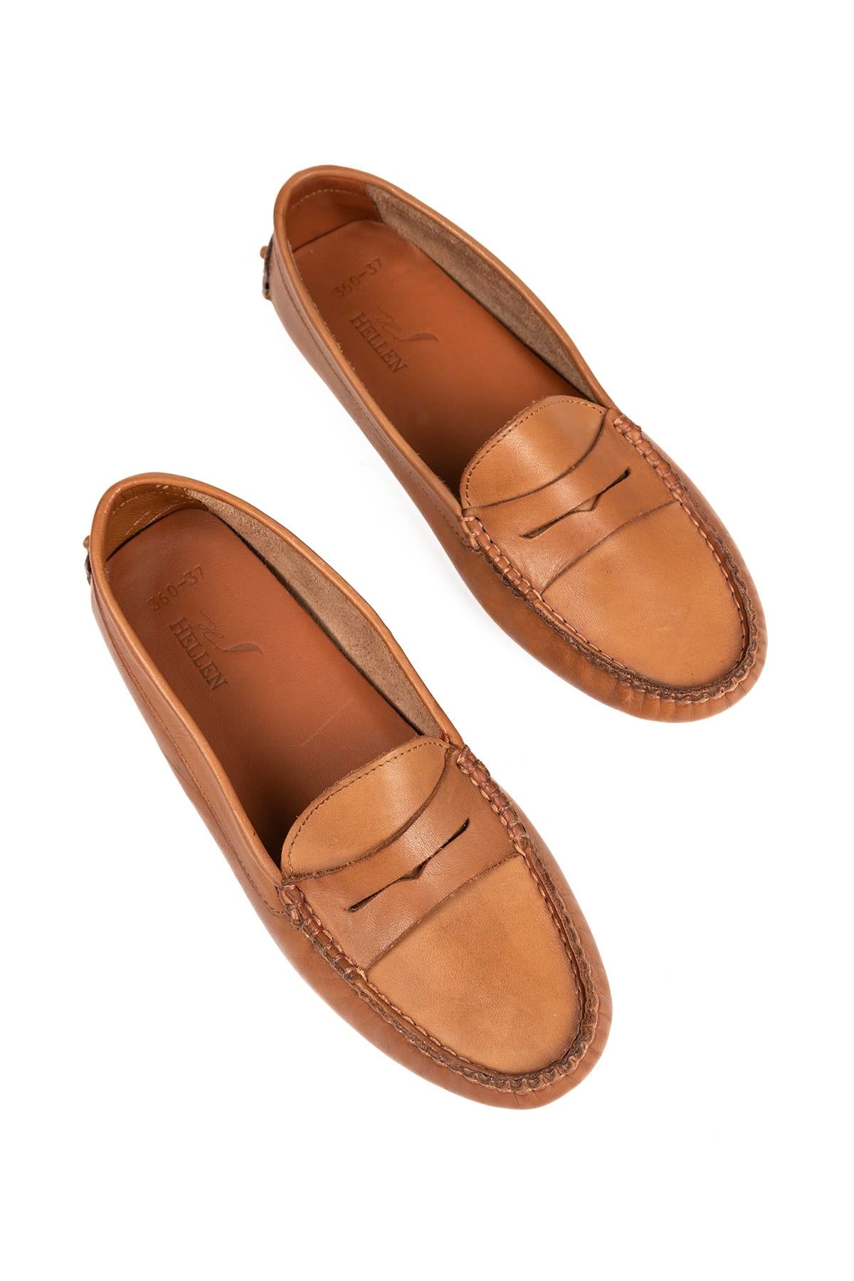 Kadın Taba Hakiki Deri Esnek Taban Loafer Ayakkabı