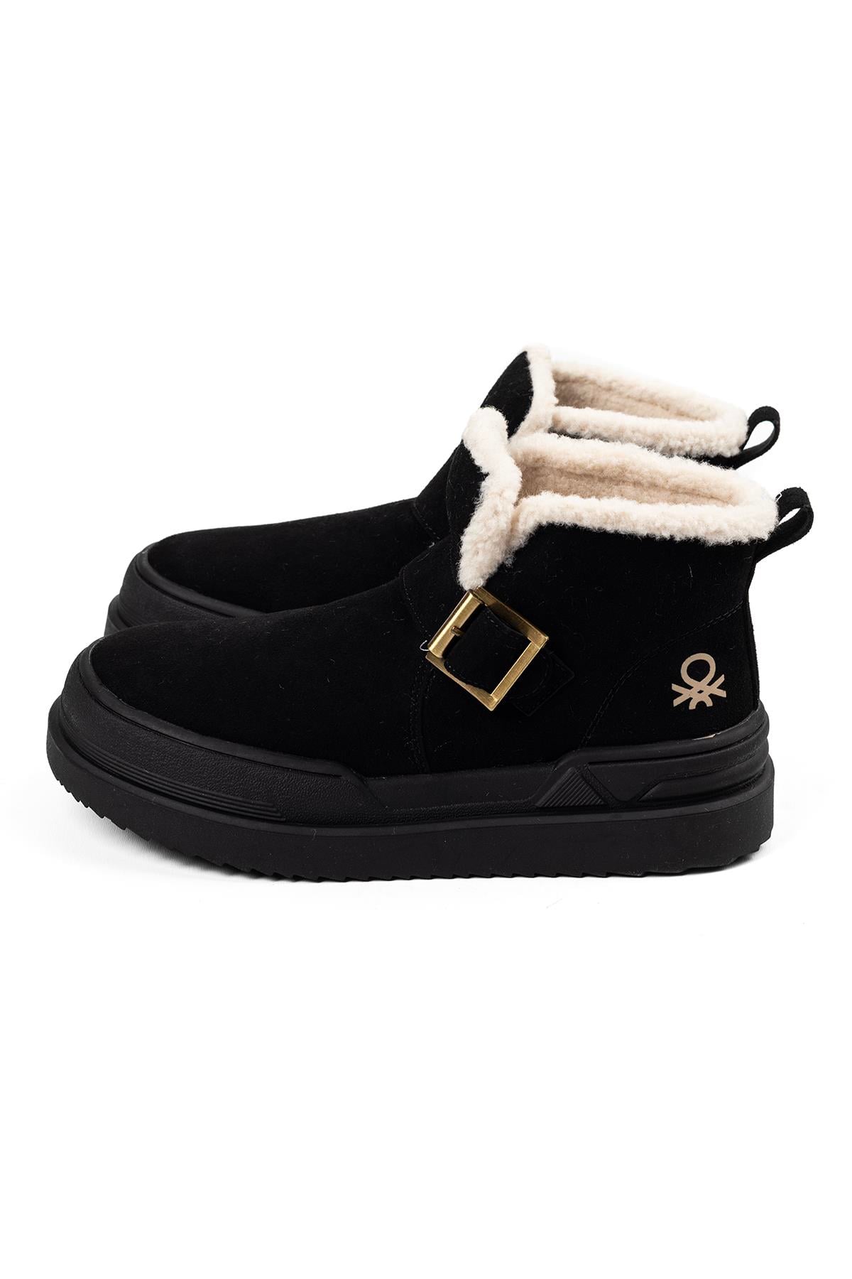 Benetton Kürk Astarlı Siyah Rengi Tokalı Yüksek Taban Bot