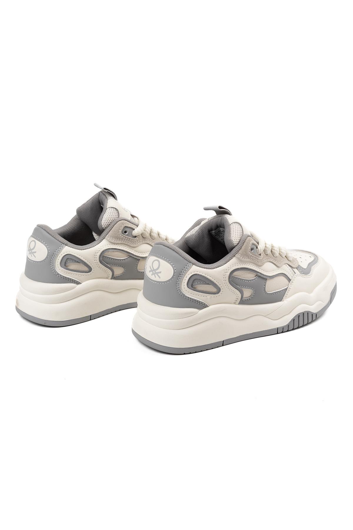Benetton Kadın Beyaz Gri Detaylı Kalın Bağcıklı Kalın Taban Spor Sneaker Ayakkabı