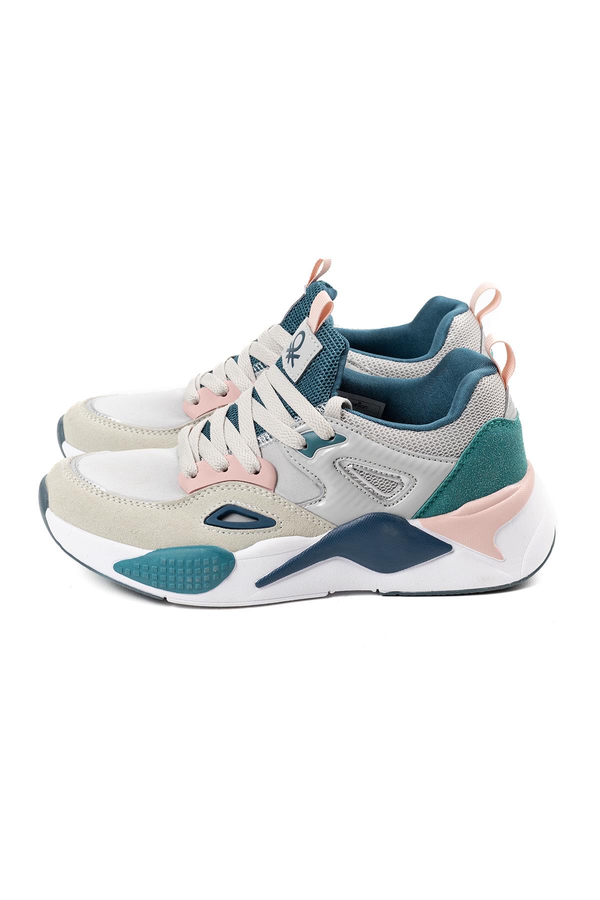 Benetton Kadın Bej Yeşil Renk Detaylı Kalın Taban Spor Sneaker Ayakkabı