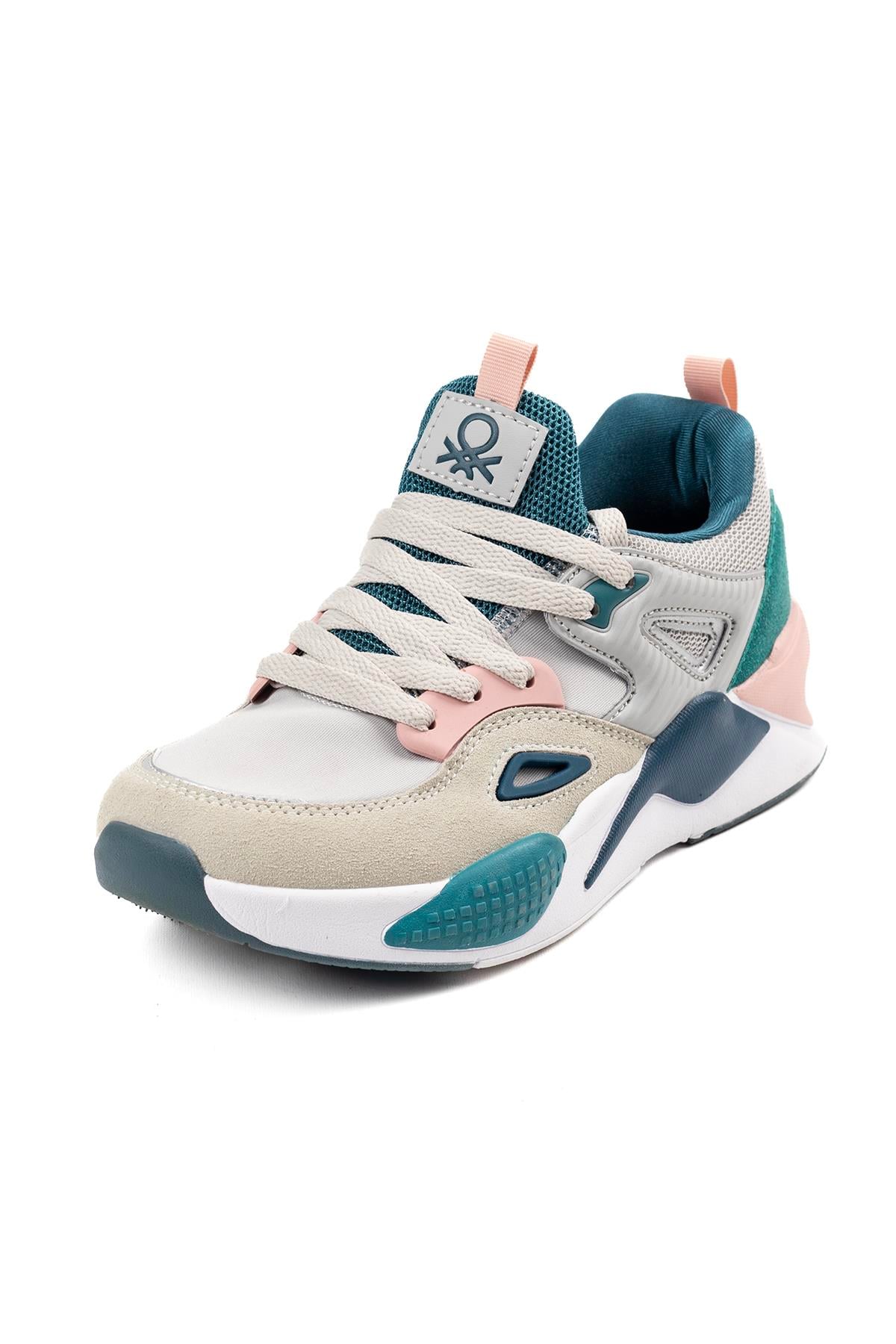 Benetton Kadın Bej Yeşil Renk Detaylı Kalın Taban Spor Sneaker Ayakkabı