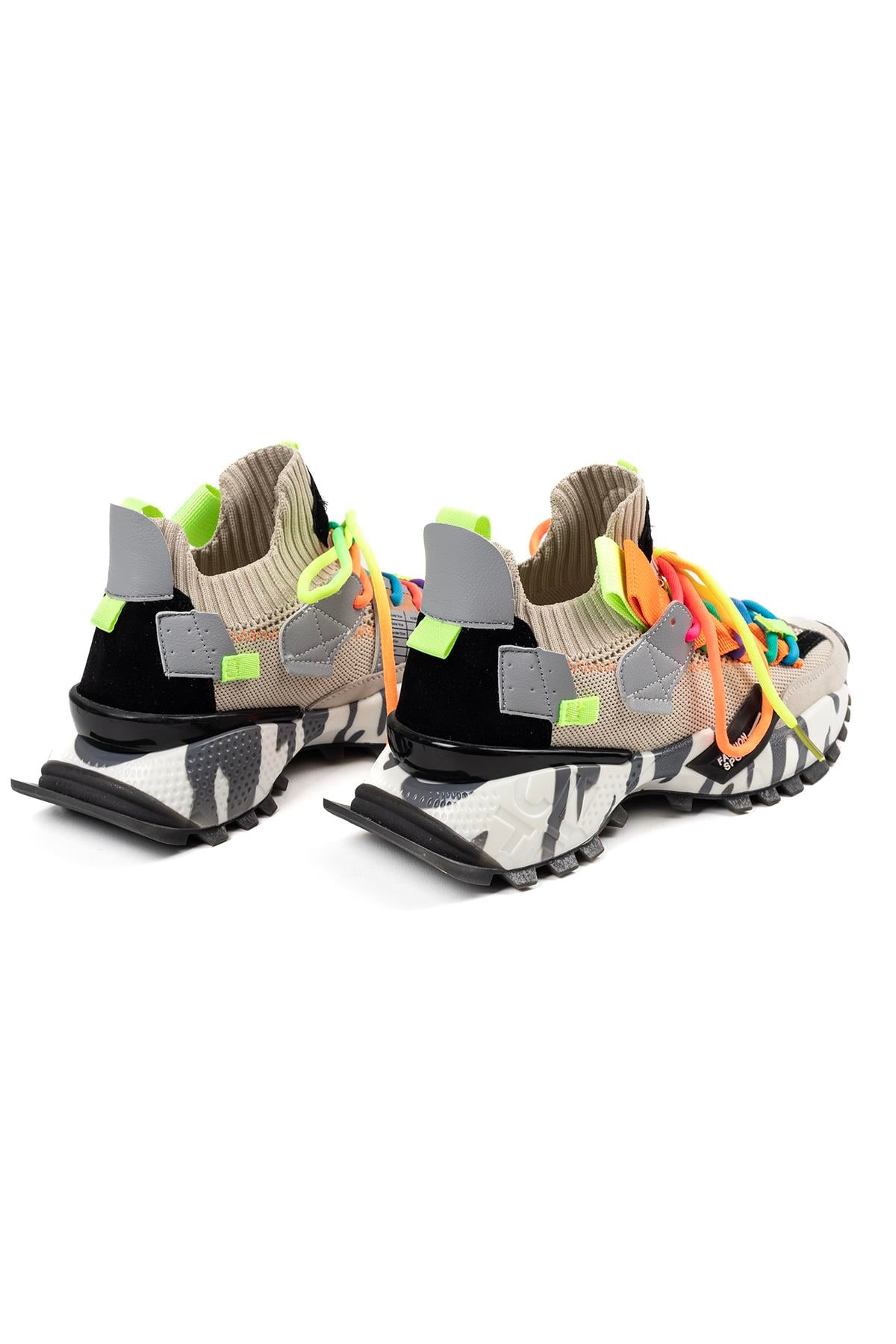 Kadın İthal Sneaker Bot Bej Renkli Bağcık Detaylı Kalın Taban Günlük Ayakkabı