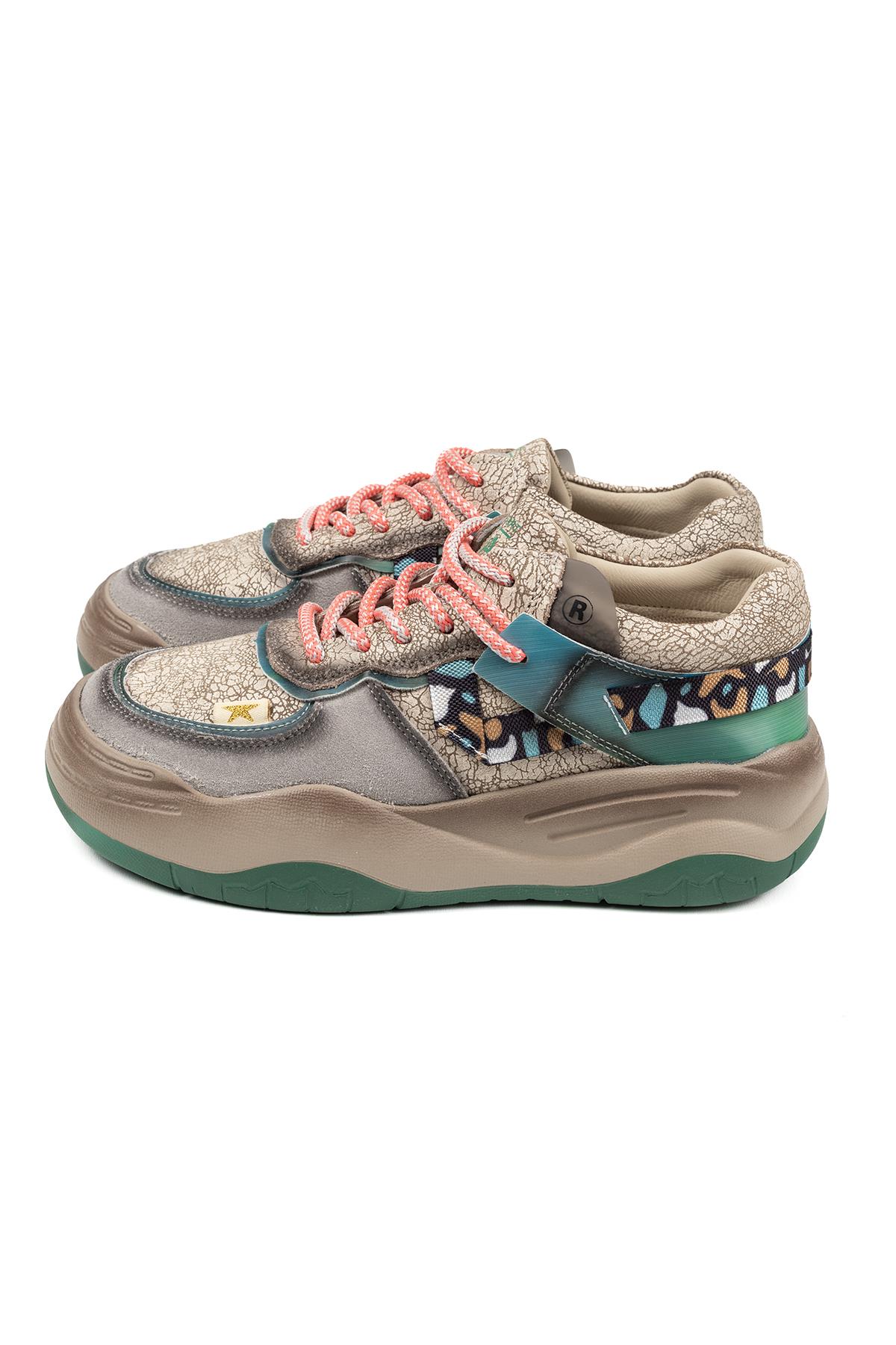 Kadın İthal Sneaker Bej Yeşil Desenli Pembe Bağcık Detaylı Kalın Taban Günlük Ayakkabı