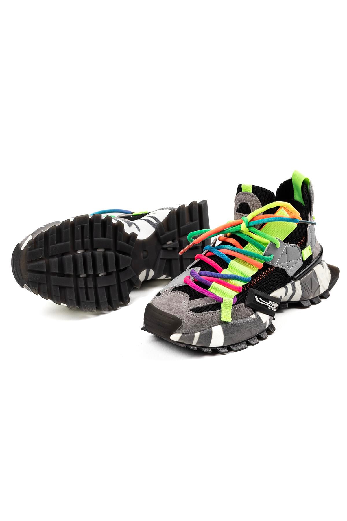 Kadın İthal Sneaker Bot Siyah Renkli Bağcık Detaylı Kalın Taban Günlük Ayakkabı