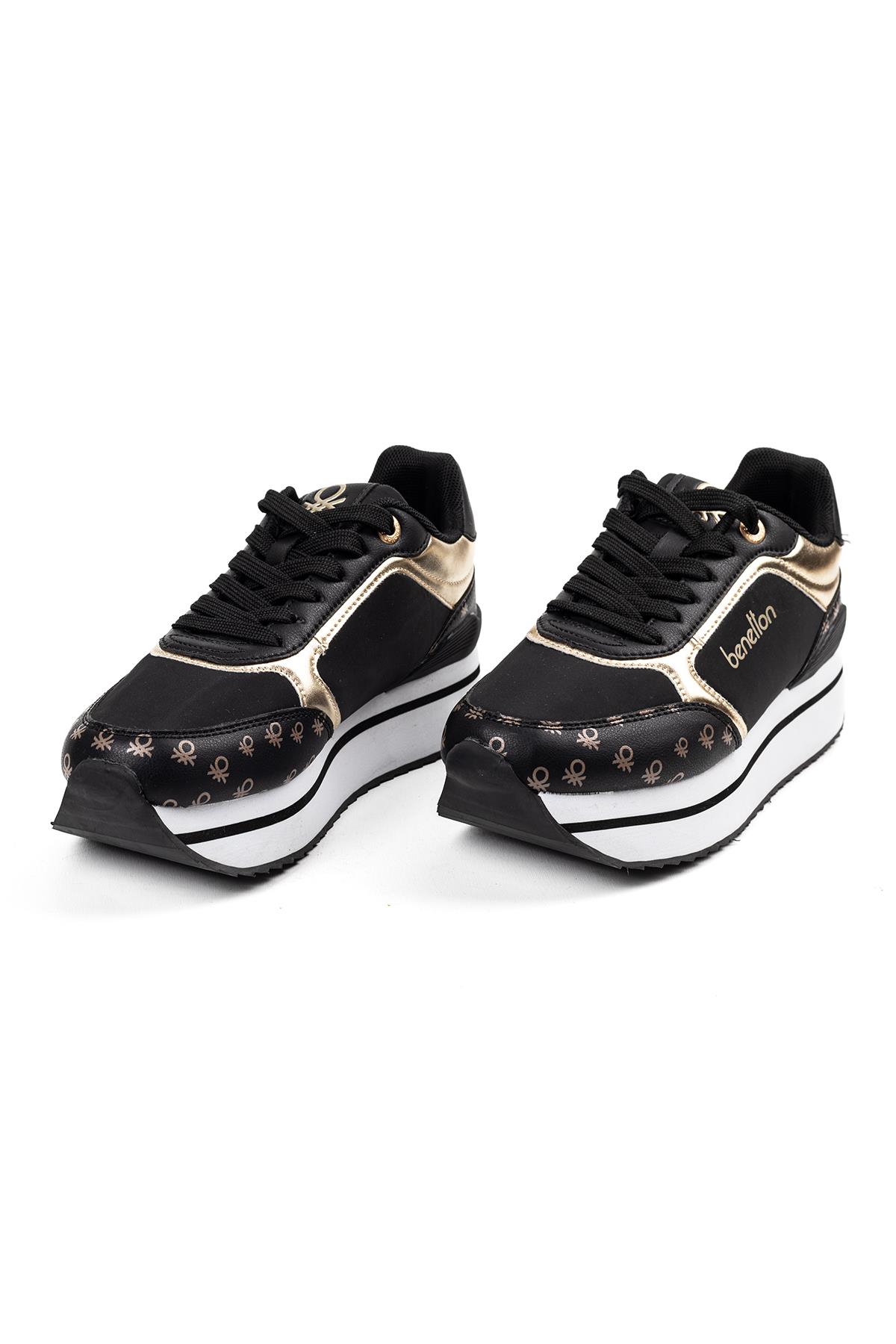 Benetton Siyah Platform Sneaker Altın Detaylı Logolu Yüksek Taban	