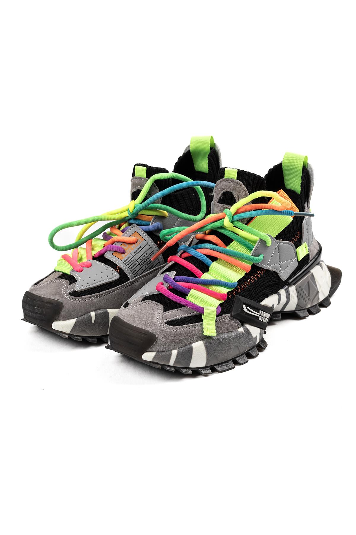 Kadın İthal Sneaker Bot Siyah Renkli Bağcık Detaylı Kalın Taban Günlük Ayakkabı
