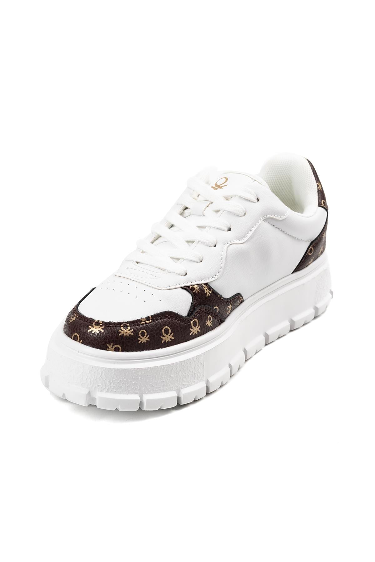 Benetton Logolu Platform Beyaz Yüksek Tırtıklı Taban Sneaker  