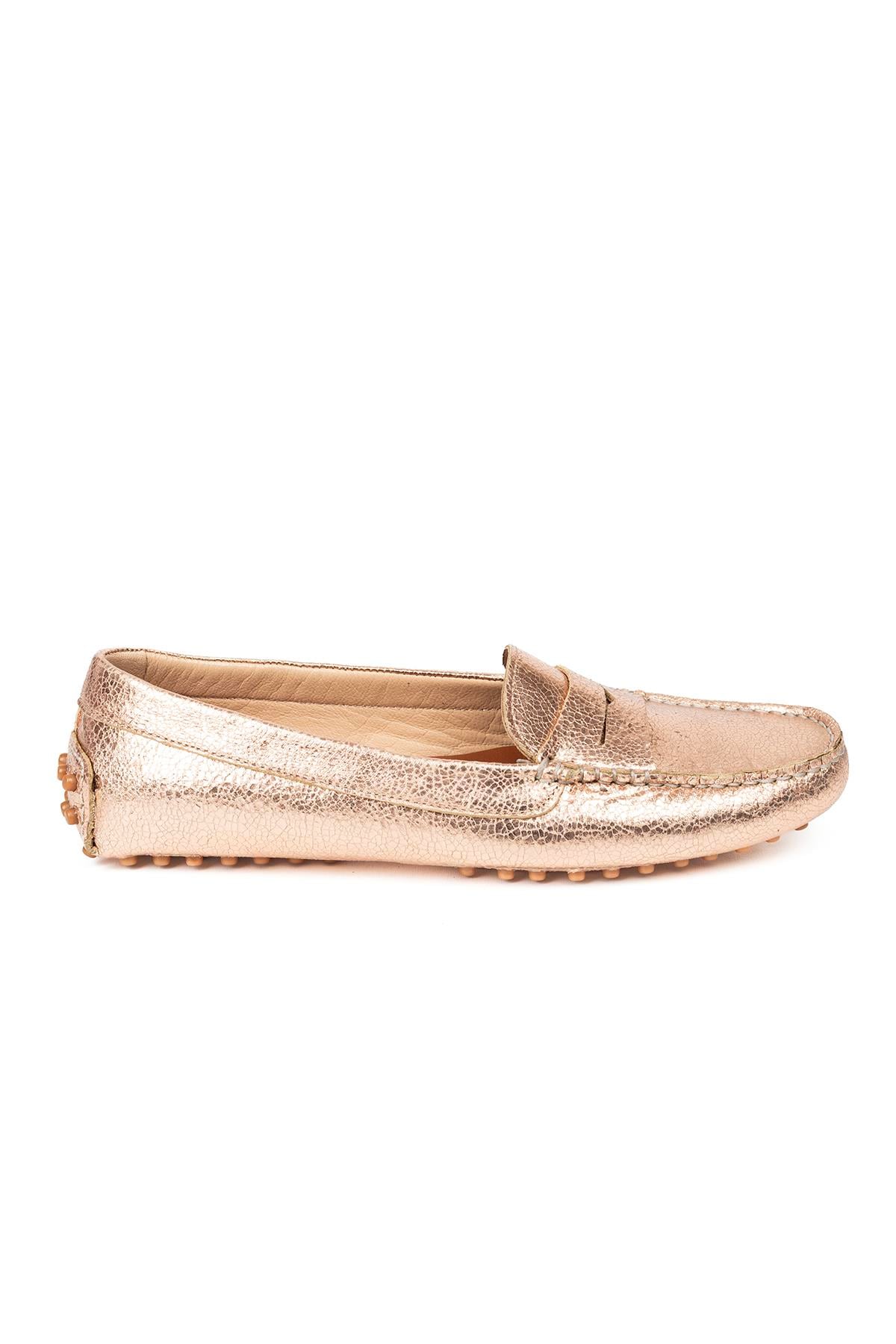 Kadın Altın Rengi Hakiki Deri Şık Loafer Ayakkabı