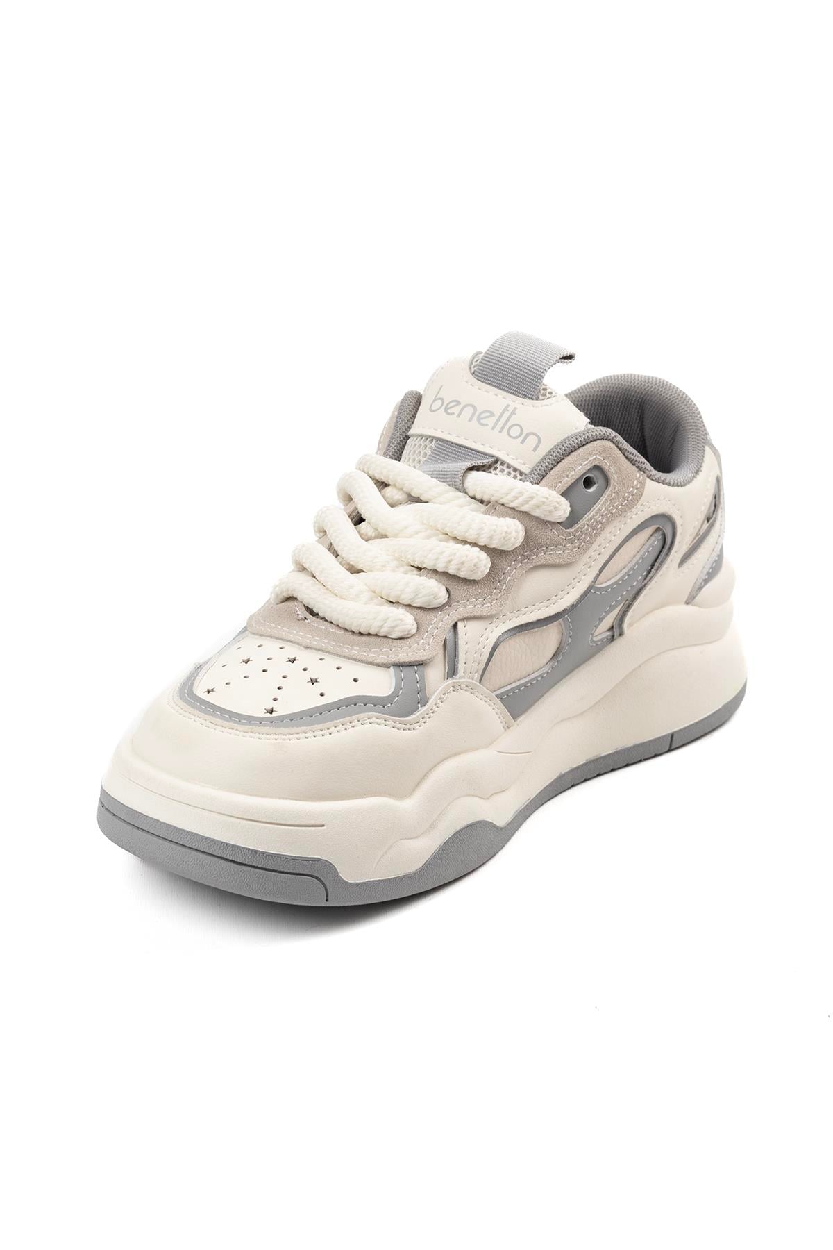 Benetton Kadın Beyaz Gri Detaylı Kalın Bağcıklı Kalın Taban Spor Sneaker Ayakkabı