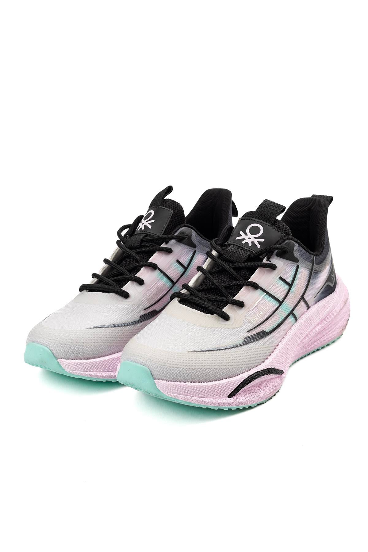 Benetton Kadın Gri Pembe Yeşil Detaylı Kalın Taban Spor Sneaker Ayakkabı