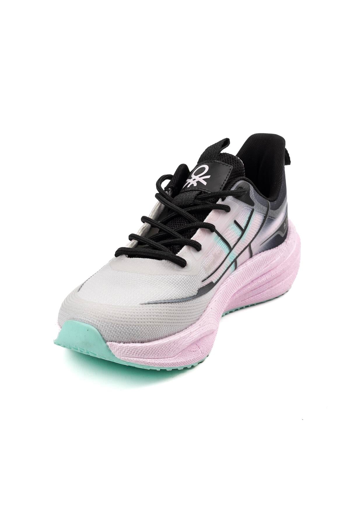 Benetton Kadın Gri Pembe Yeşil Detaylı Kalın Taban Spor Sneaker Ayakkabı
