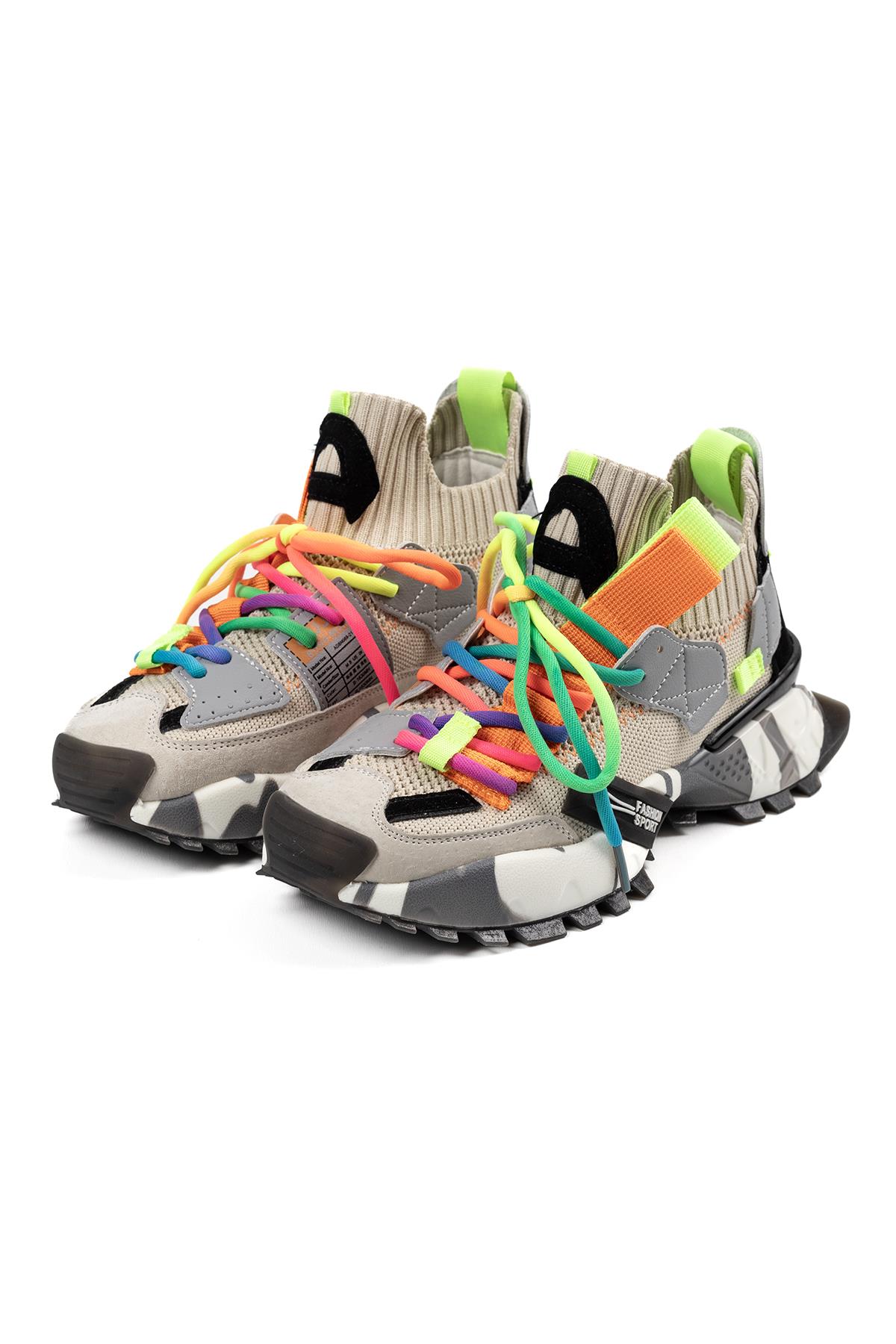Kadın İthal Sneaker Bot Bej Renkli Bağcık Detaylı Kalın Taban Günlük Ayakkabı