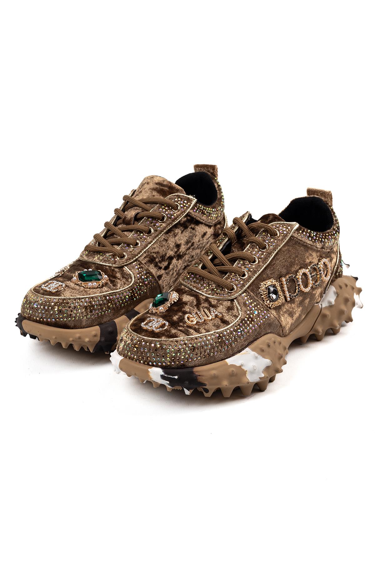 Kadın Taş Detaylı Camel Kalın Taban Sneaker Günlük Spor Ayakkabı