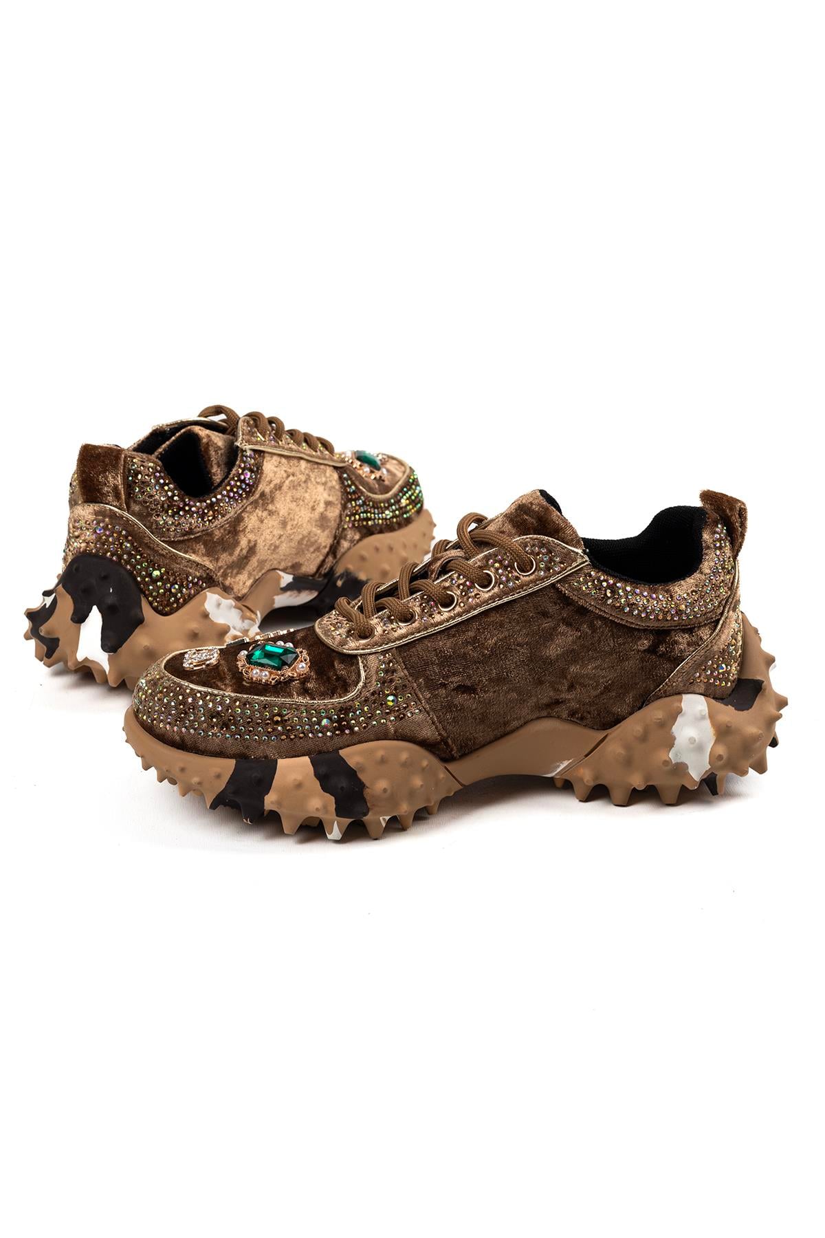 Kadın Taş Detaylı Camel Kalın Taban Sneaker Günlük Spor Ayakkabı