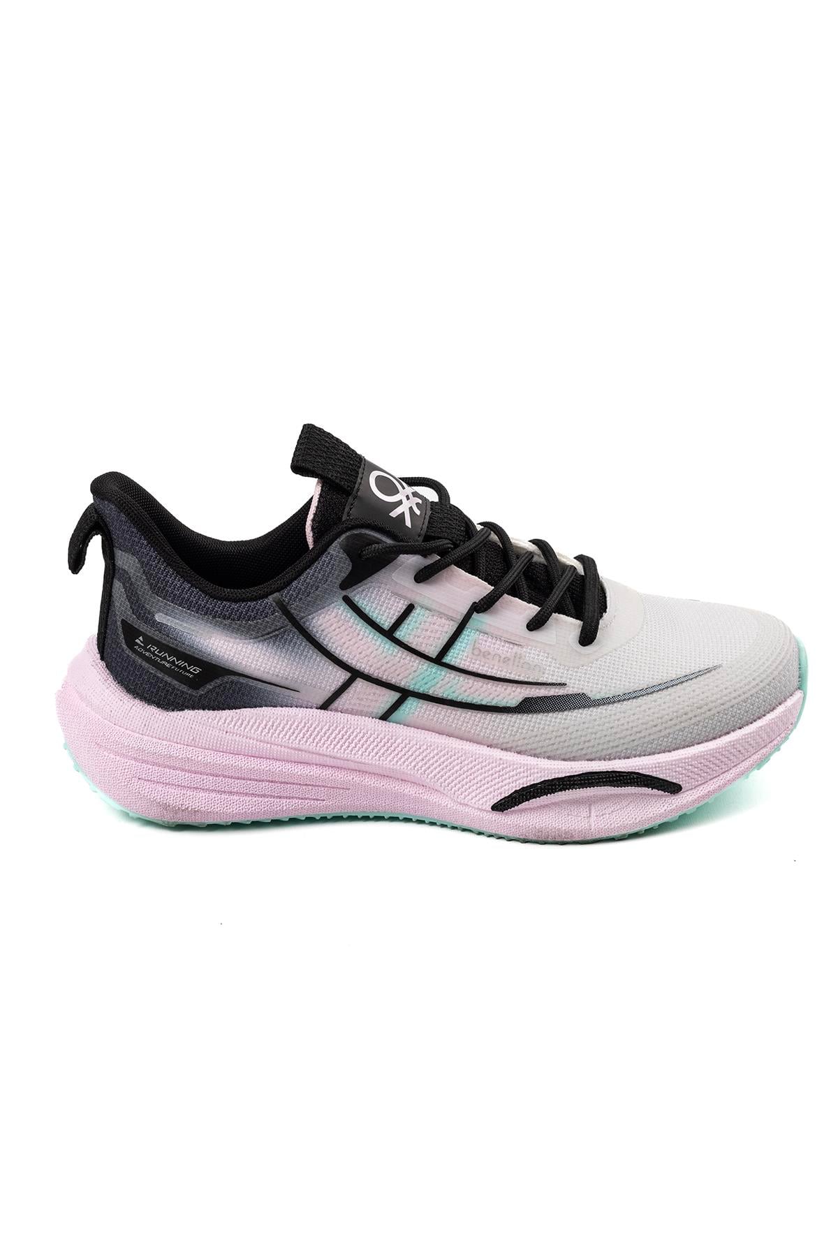 Benetton Kadın Gri Pembe Yeşil Detaylı Kalın Taban Spor Sneaker Ayakkabı