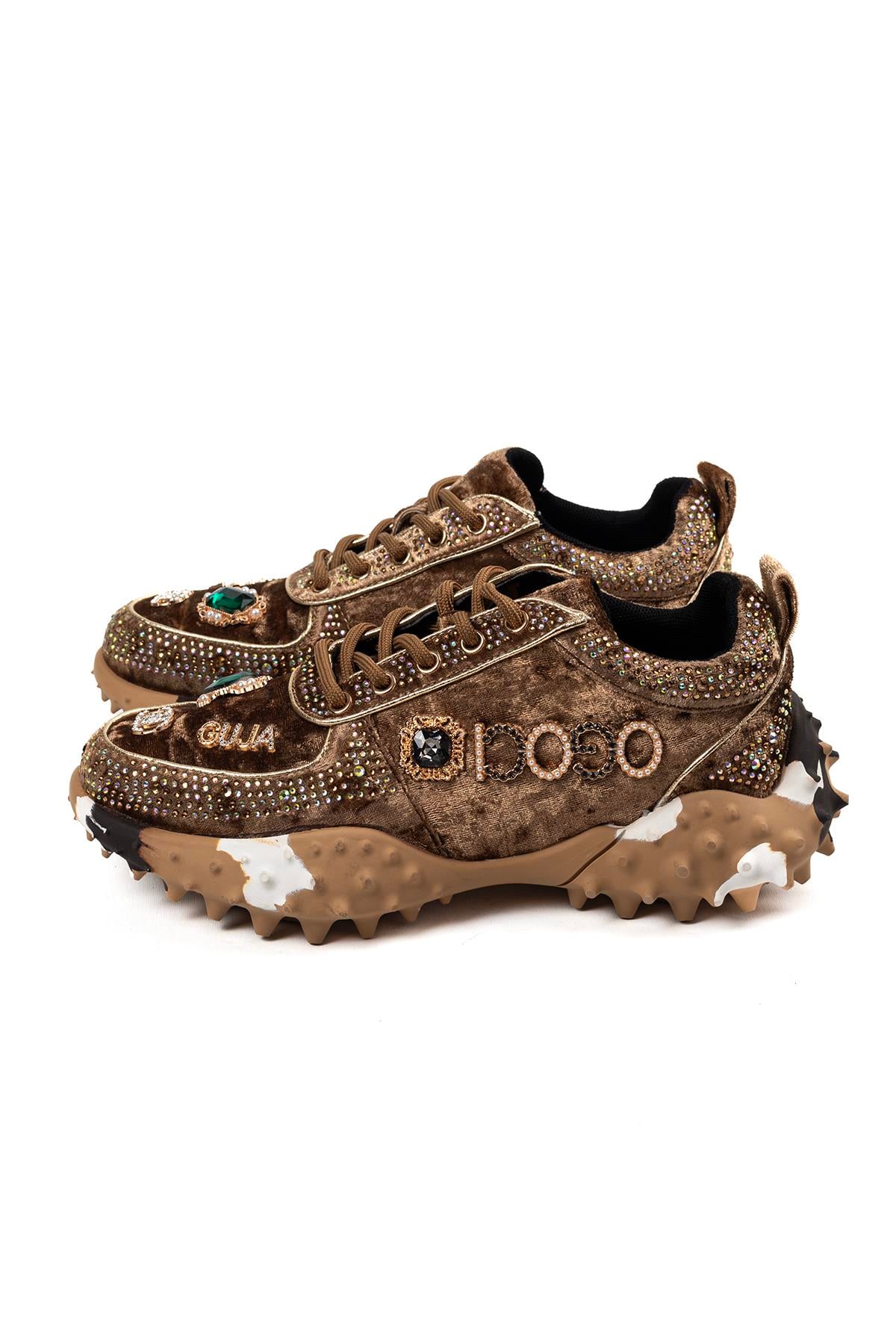 Kadın Taş Detaylı Camel Kalın Taban Sneaker Günlük Spor Ayakkabı