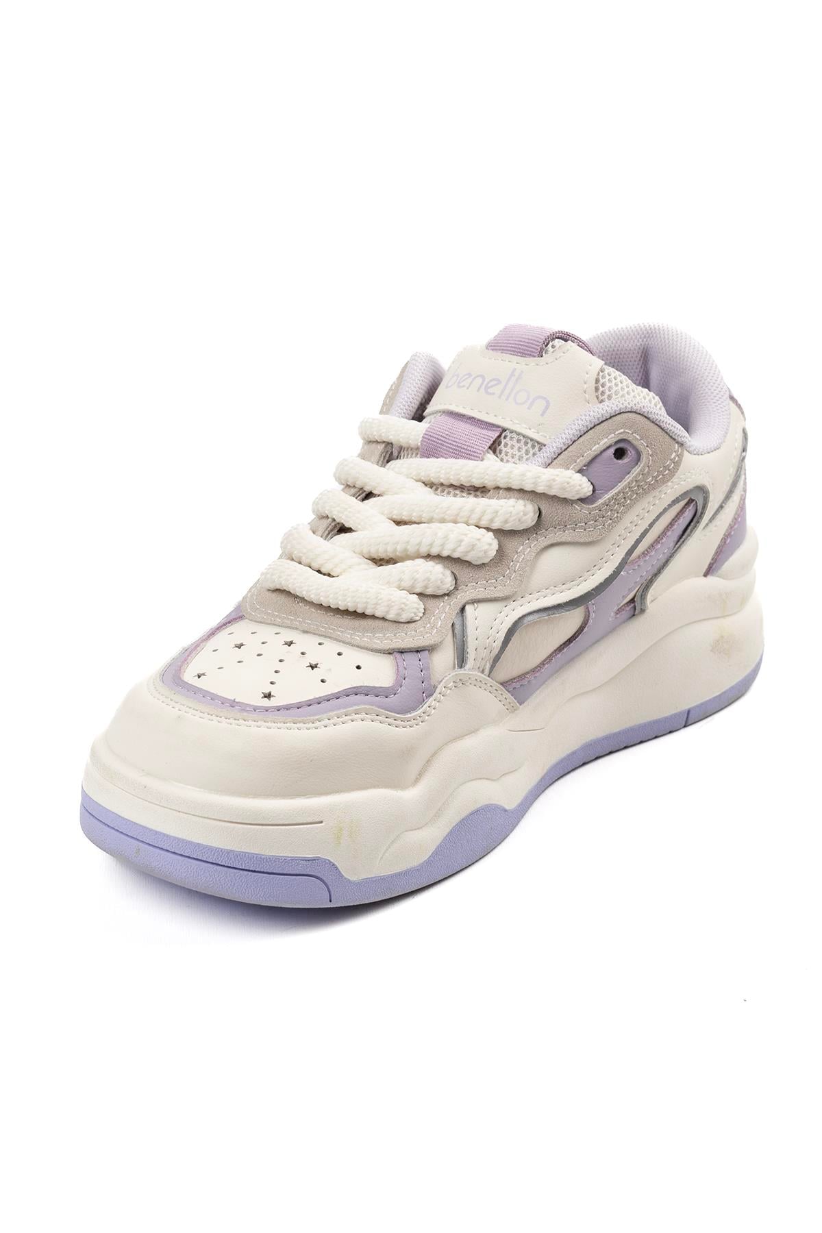 Benetton Kadın Beyaz Lila Detaylı Kalın Bağcıklı Kalın Taban Spor Sneaker Ayakkabı