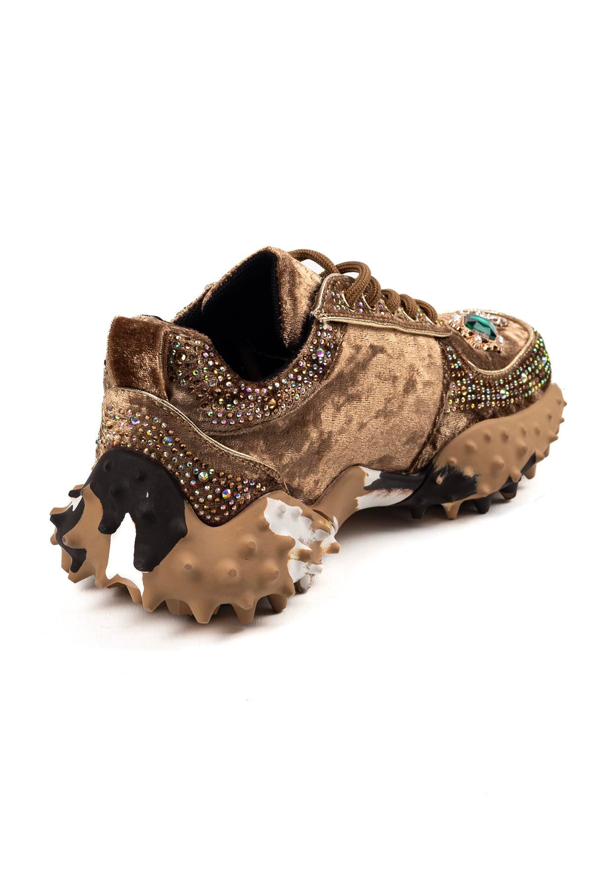 Kadın Taş Detaylı Camel Kalın Taban Sneaker Günlük Spor Ayakkabı