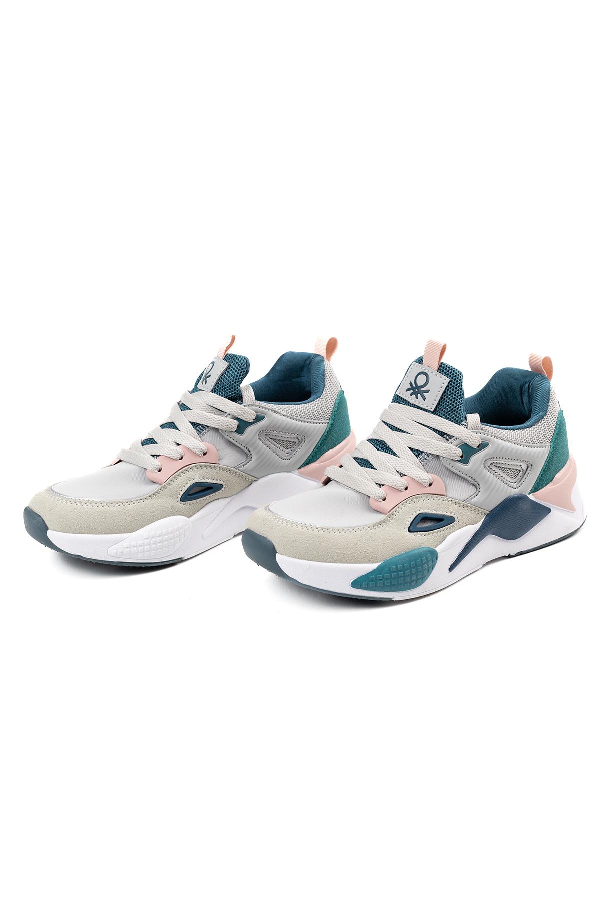 Benetton Kadın Bej Yeşil Renk Detaylı Kalın Taban Spor Sneaker Ayakkabı